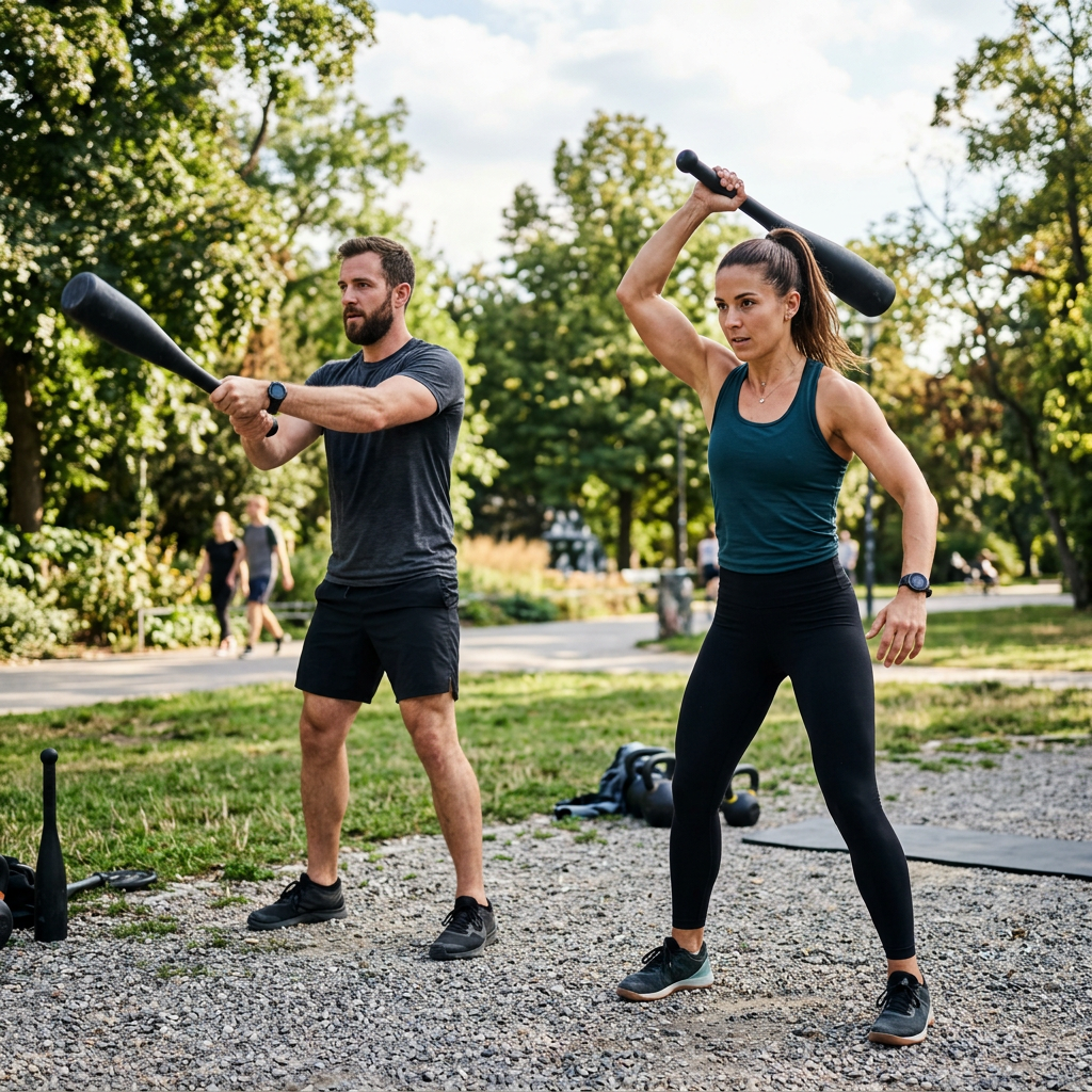 Two people exercising with Indian clubs in an outdoor park setting